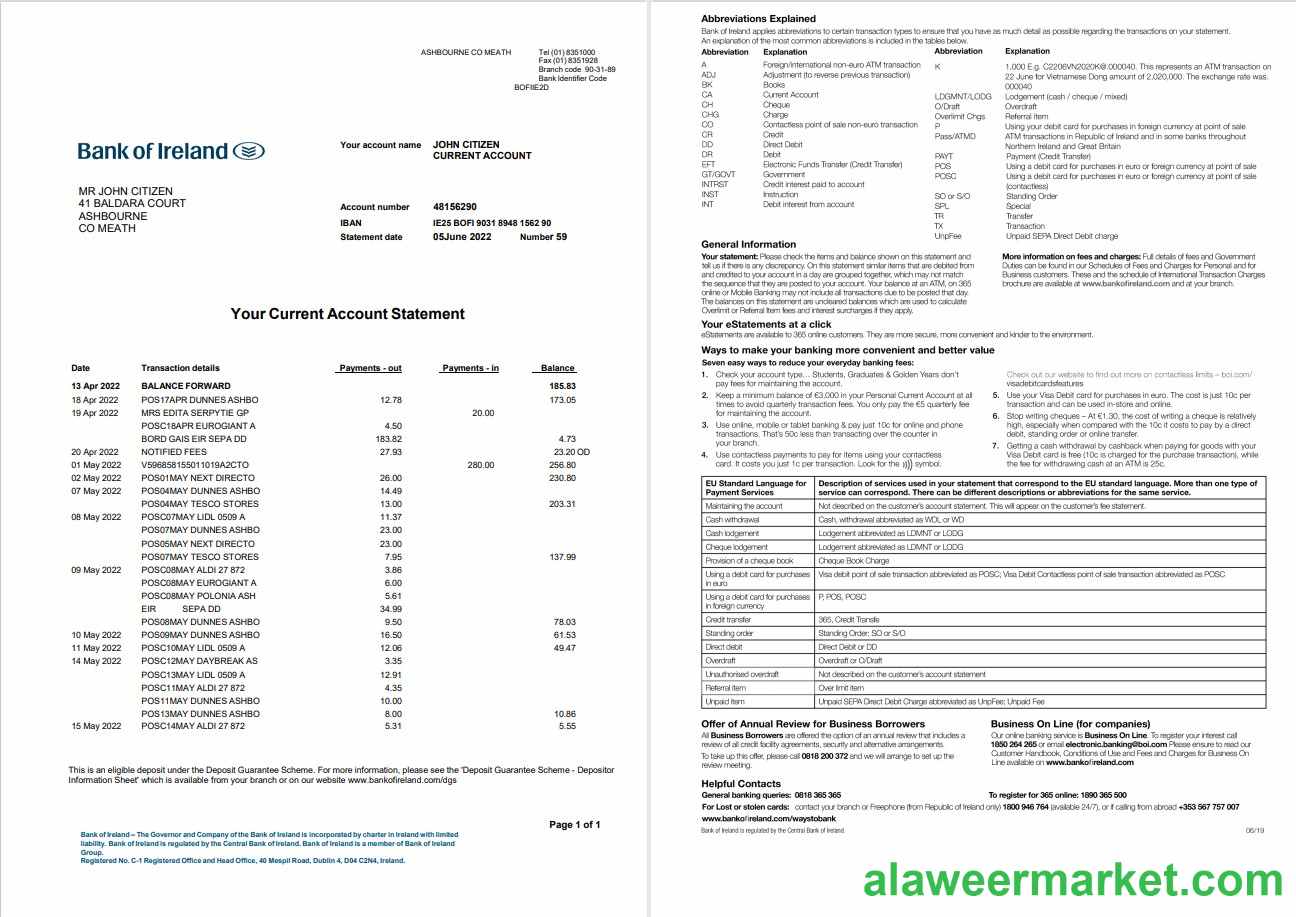 Irland Bank of Ireland statement 2 pages